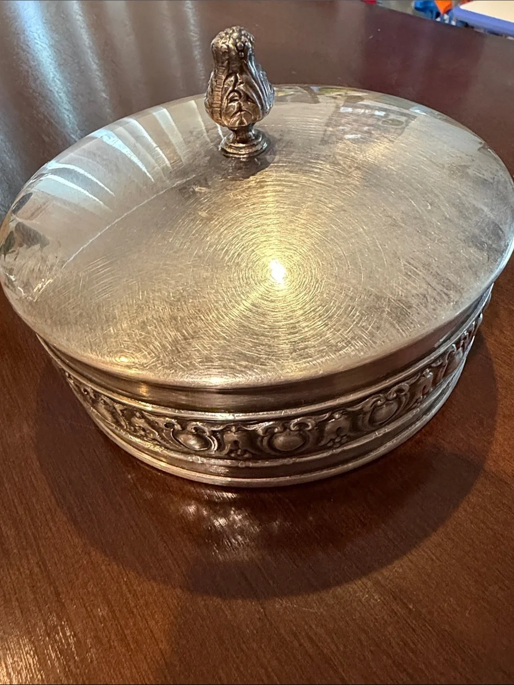 Ornate Silver-Tone Decorative Serving Dish with Lid